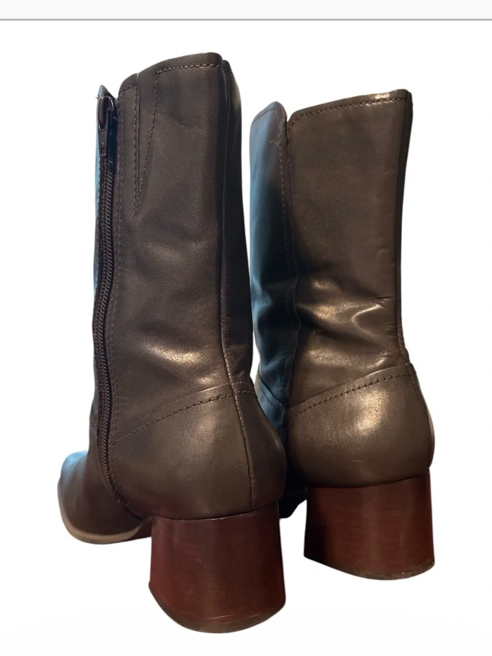 VTG  Brown Leather Boots Y2K Square Toe Mid Calf Chunky Heel Comfort Booties 7